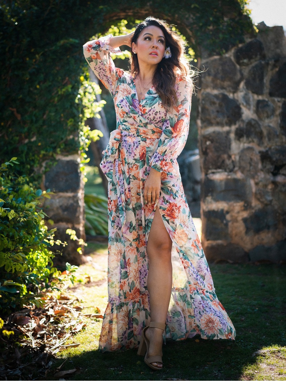 Express Floral Tie-Waist Maxi Dress/Robe in Peach and Green